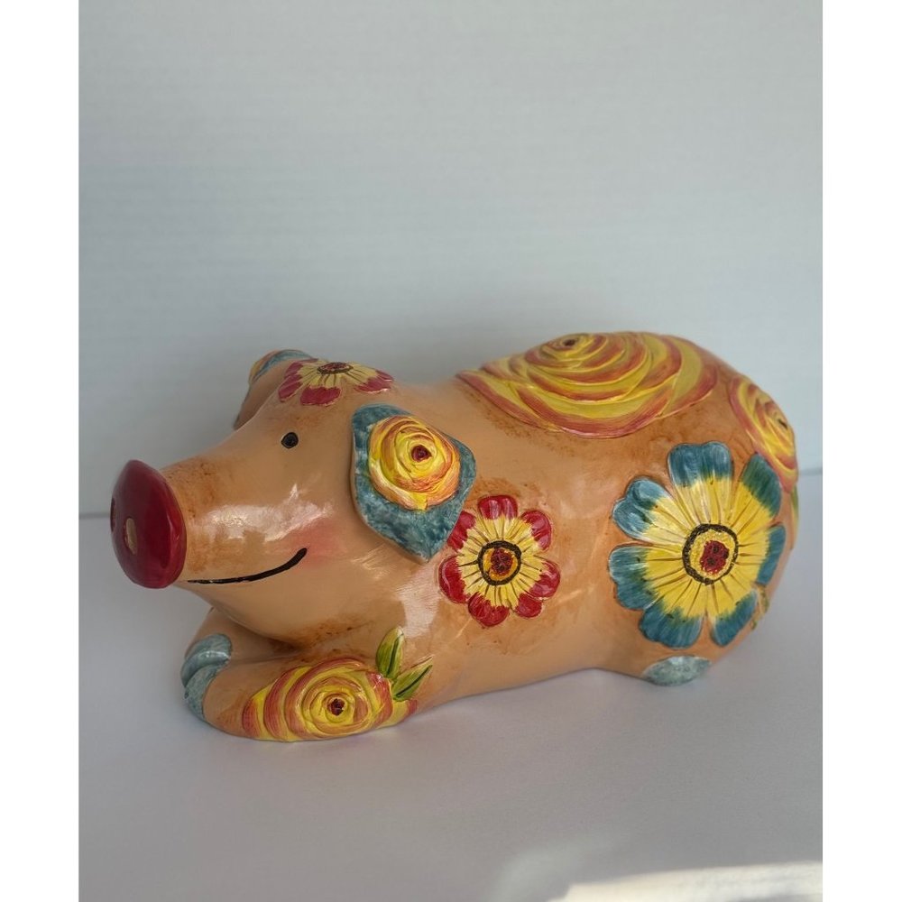 Pretty Whimsical Spring Summer Pig with Flowers Decor Piece